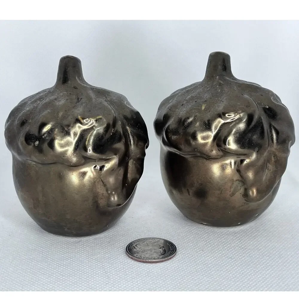 Metallic Gold Bronze Acorn Salt & Pepper Shakers - Stoneware 1980s Vintage